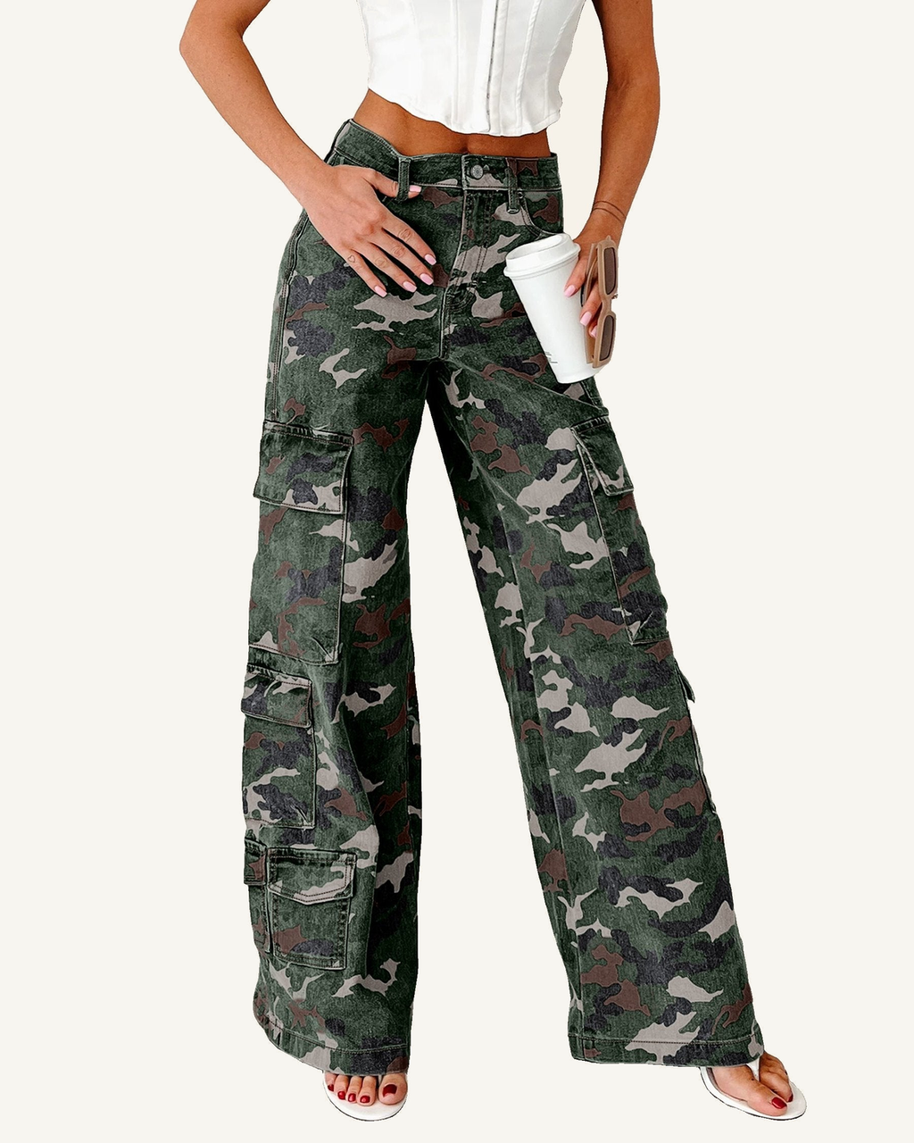 Green Camo Cargo Wide Leg Pants — ivory studio background