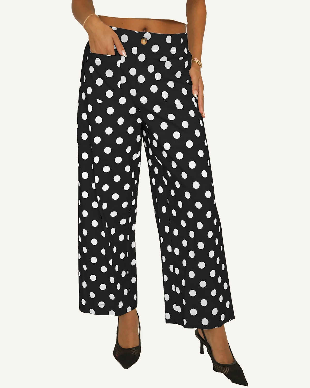 Black Polka Dot Print Patched Pocket Mid-rise Straight Leg Pants — ivory studio background