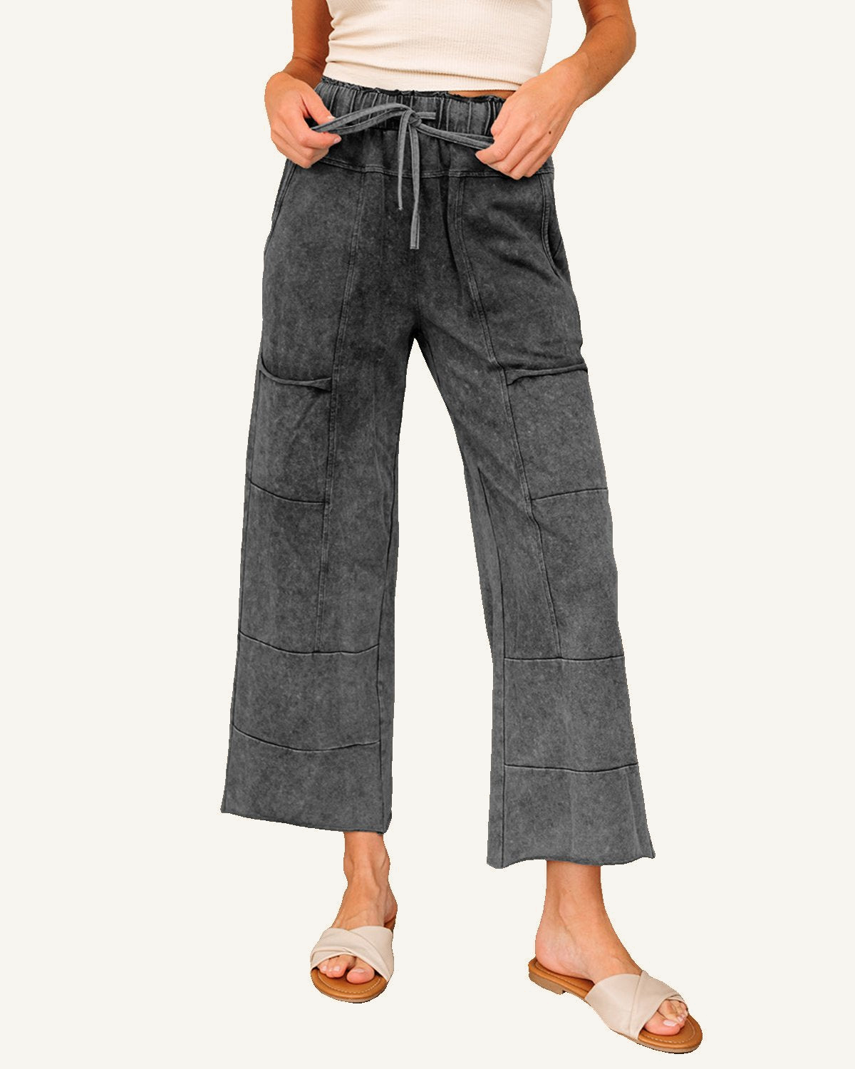 Medium Grey Mineral Wash Lace-up High Waist Raw Hem Patched Pocket Pants — ivory studio background