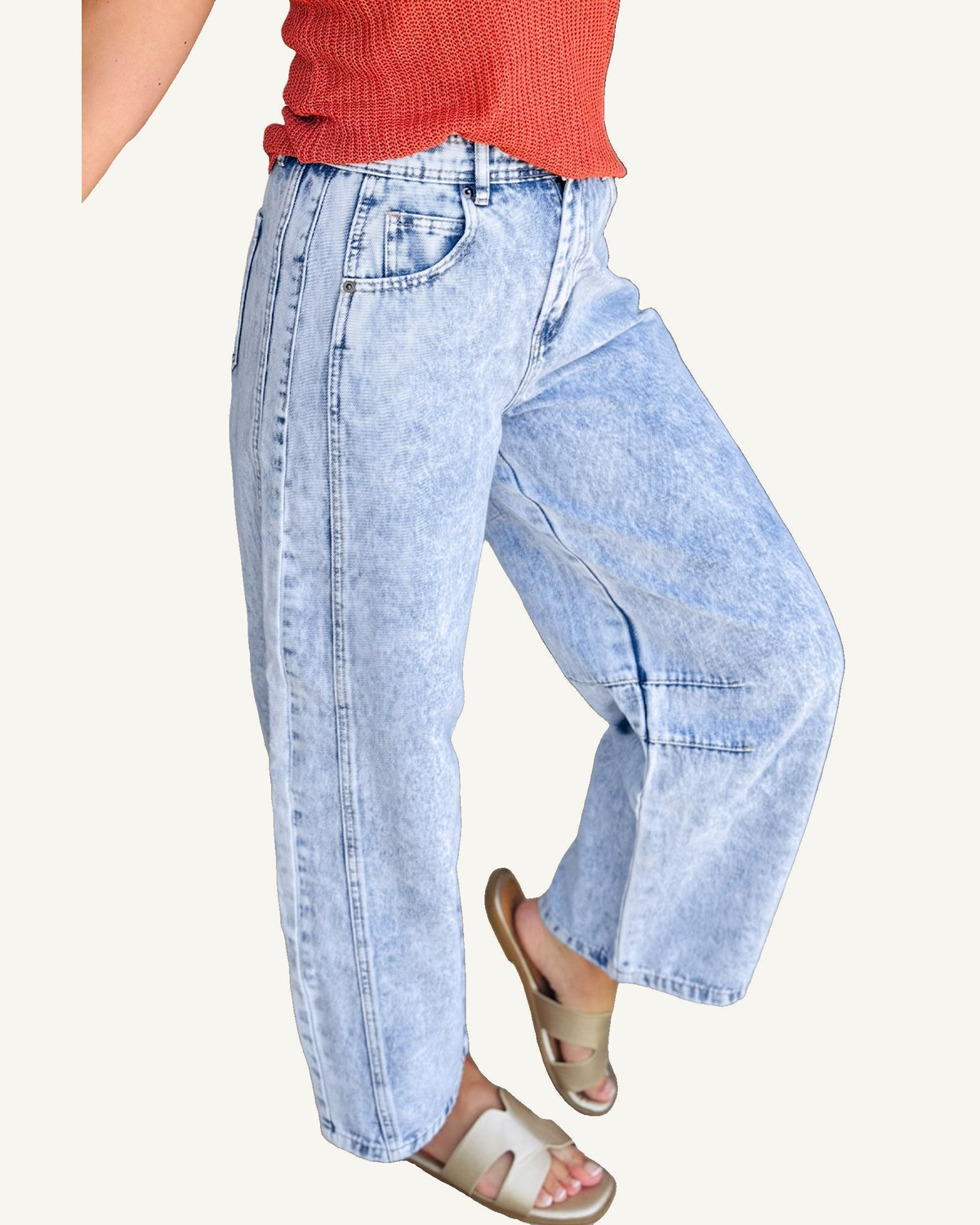Beau Blue Light Washed Pull On Barrel Jeans — ivory studio background