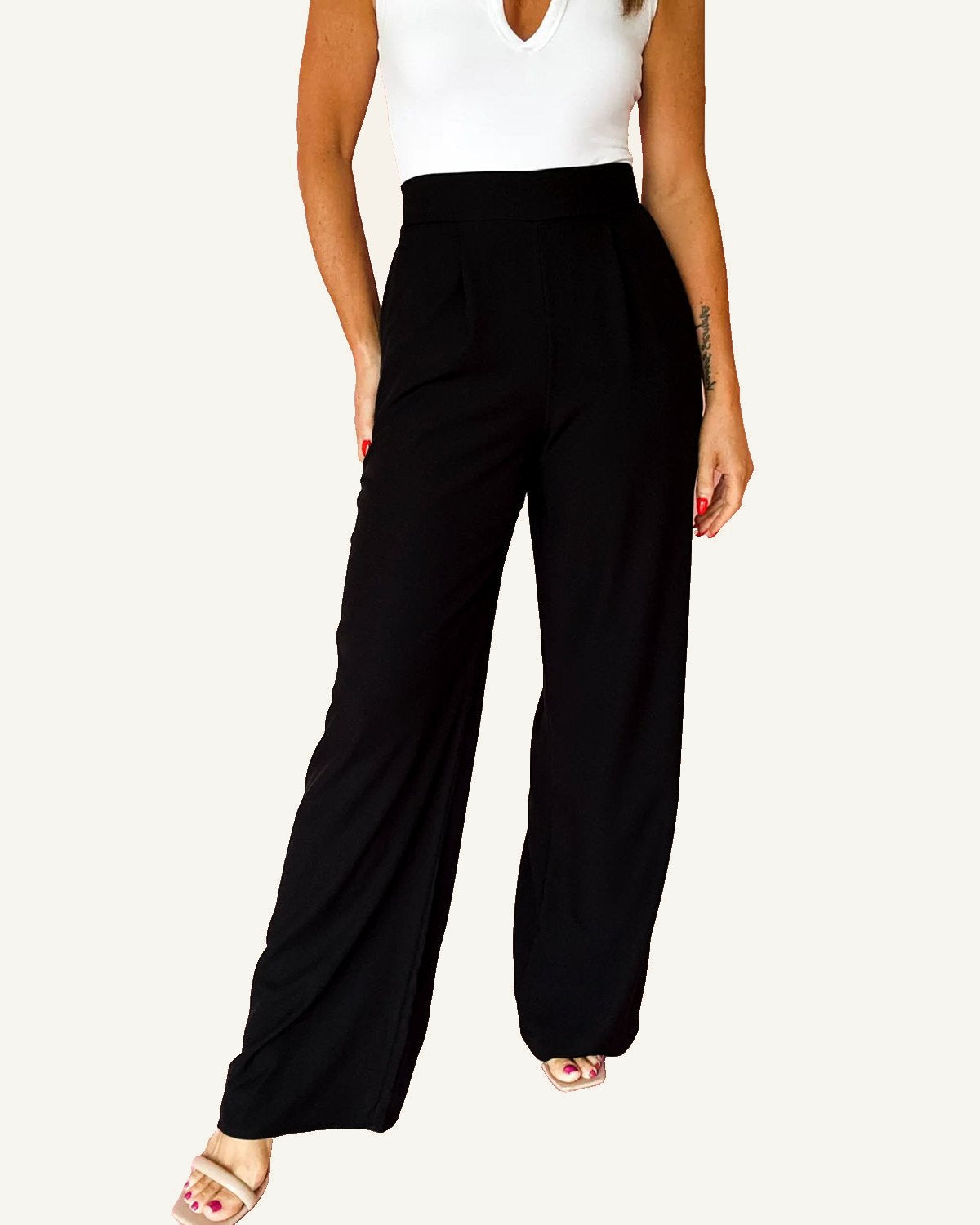 Black Pleated Detail Pull On High Elastic Waist Loose Straight Pants — ivory studio background