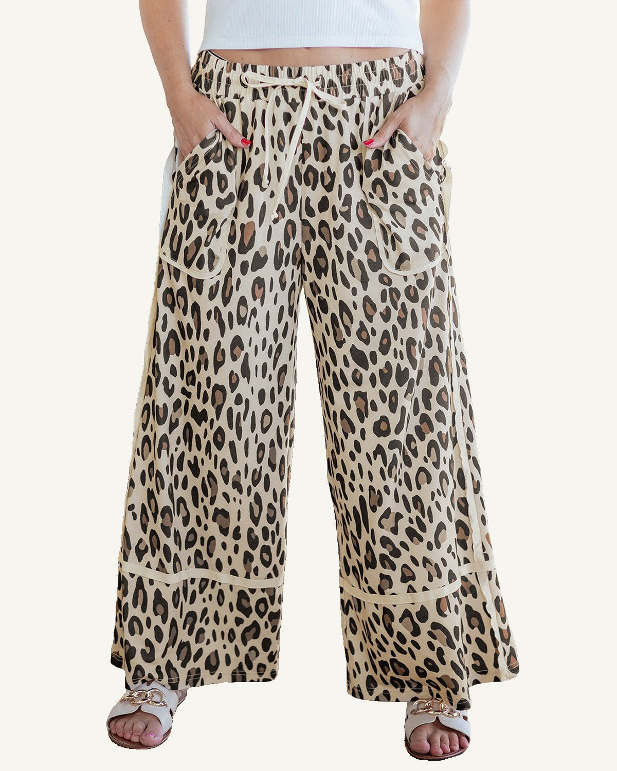 Khaki Leopard Wide Leg Cropped Pants — ivory studio background