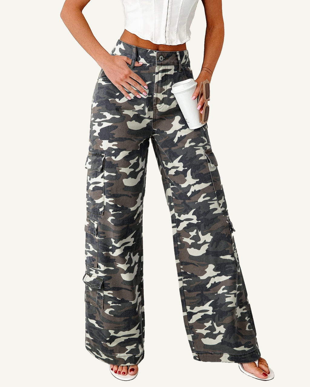 Green Camo Cargo Wide Leg Pants — ivory studio background
