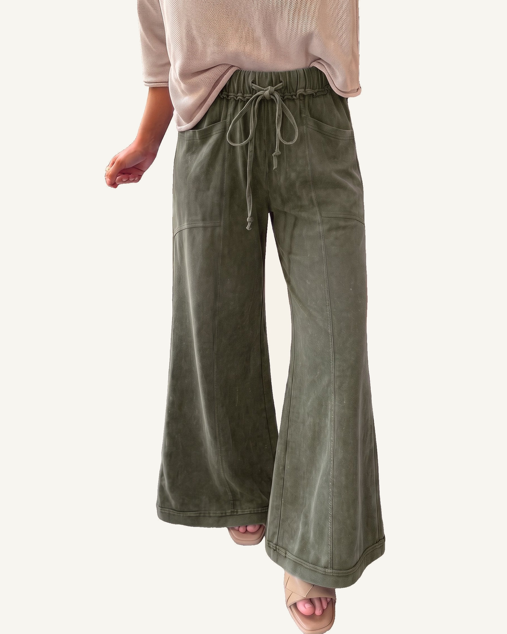 Jungle Green Mineral Wash Seam Detail Flare Leg Drawstring Pants — ivory studio background
