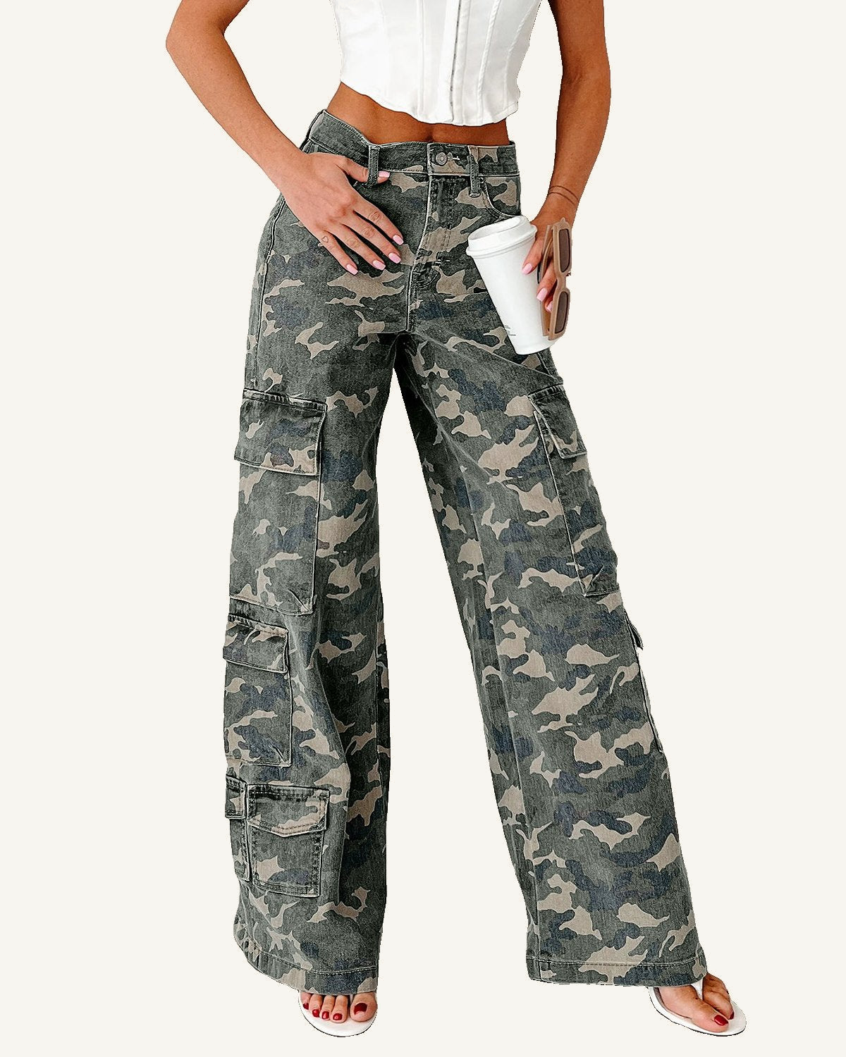 Green Camo Cargo Wide Leg Pants — ivory studio background