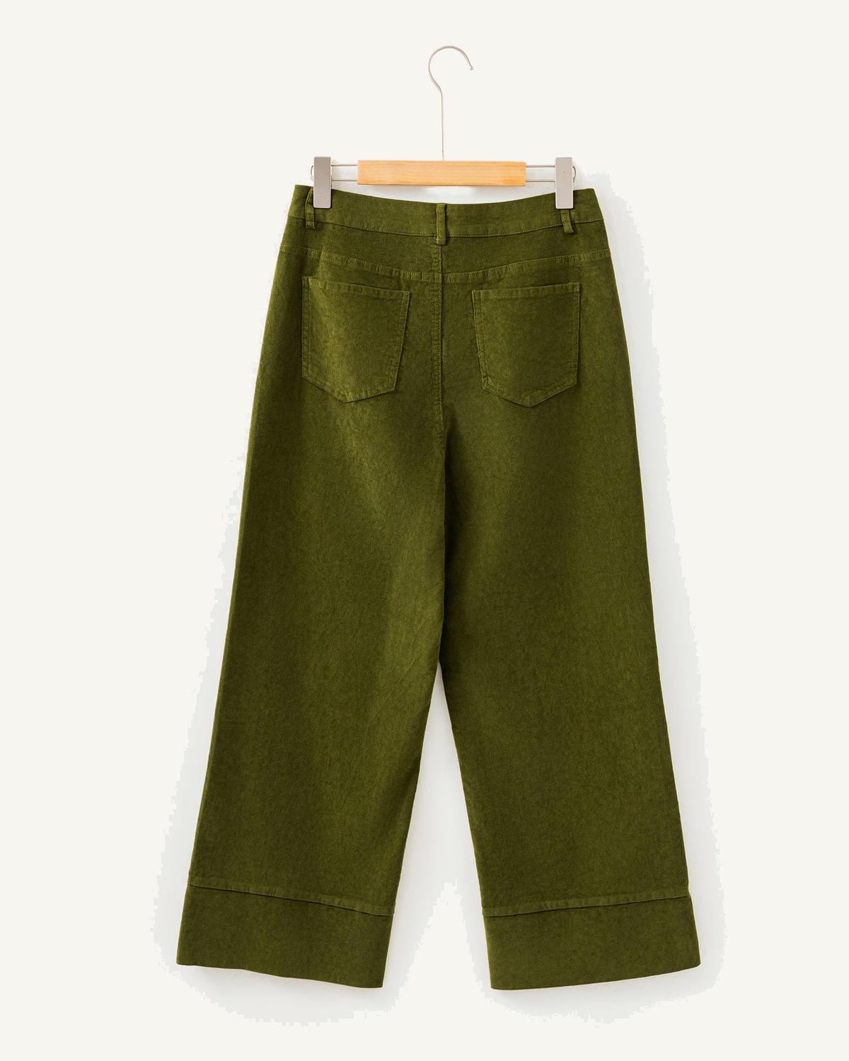 Vineyard Green Corduroy Solid Color High Waist Wide Leg Pants — ivory studio background