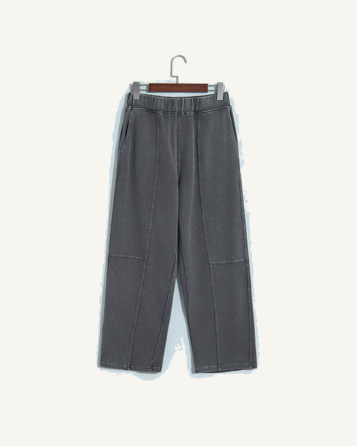 Carbon Grey Mineral Wash Seam Detail Elastic Waist Barrel Pants — ivory studio background