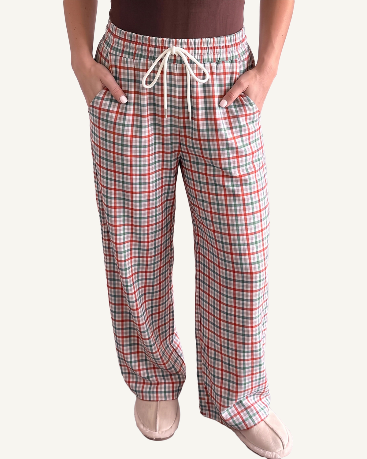 Multicolour Festive Plaid Drawstring Elastic Waist Pants PREORDER ETA 3 WEEKS — ivory studio background