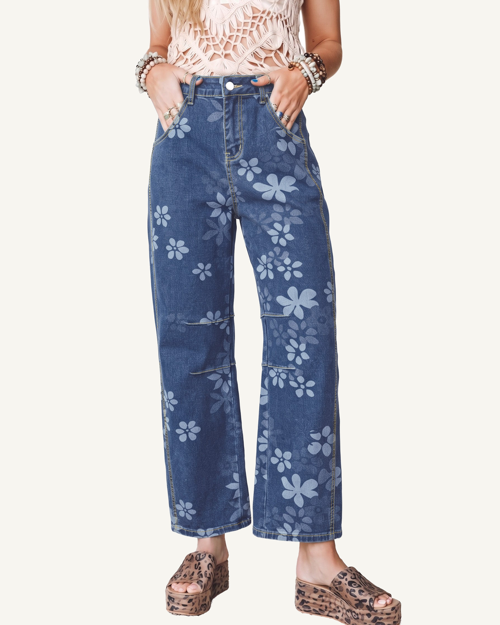 Blue Floral Print Ankle Length Casual Pocket Jeans PREORDER ETA 3 WEEKS — ivory studio background