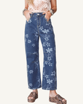 Blue Floral Print Ankle Length Casual Pocket Jeans PREORDER ETA 3 WEEKS — ivory studio background