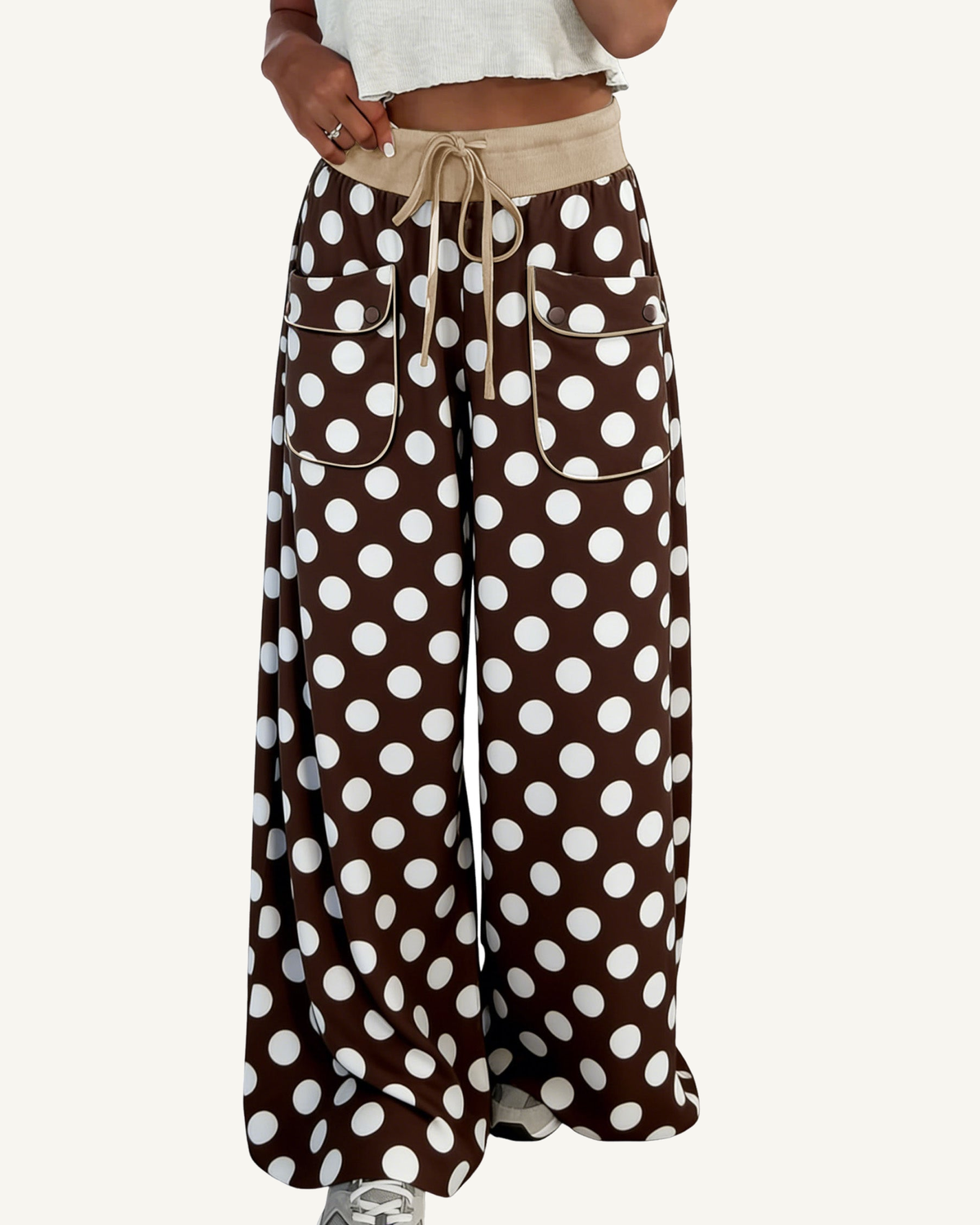Brown Polka Dot Drawstring Pocket Wide Leg Pants PREORDER ETA 3 WEEKS — ivory studio background