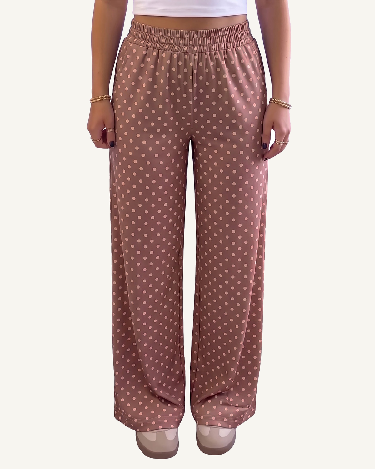 Brown Polka Dot Printed Casual Loose Pants PREORDER ETA 3 WEEKS — ivory studio background