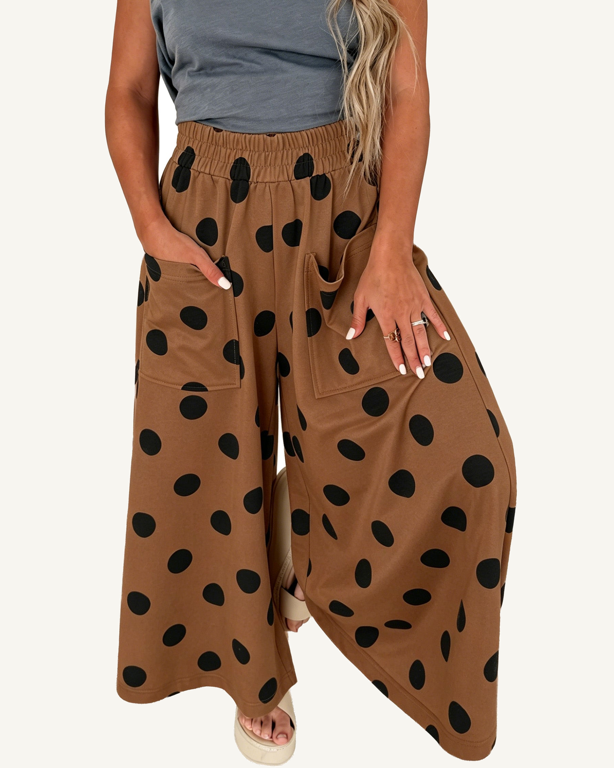 Brown Polka Dot Wide Leg Elastic Waist Casual Pants PREORDER ETA 3 WEEKS — ivory studio background