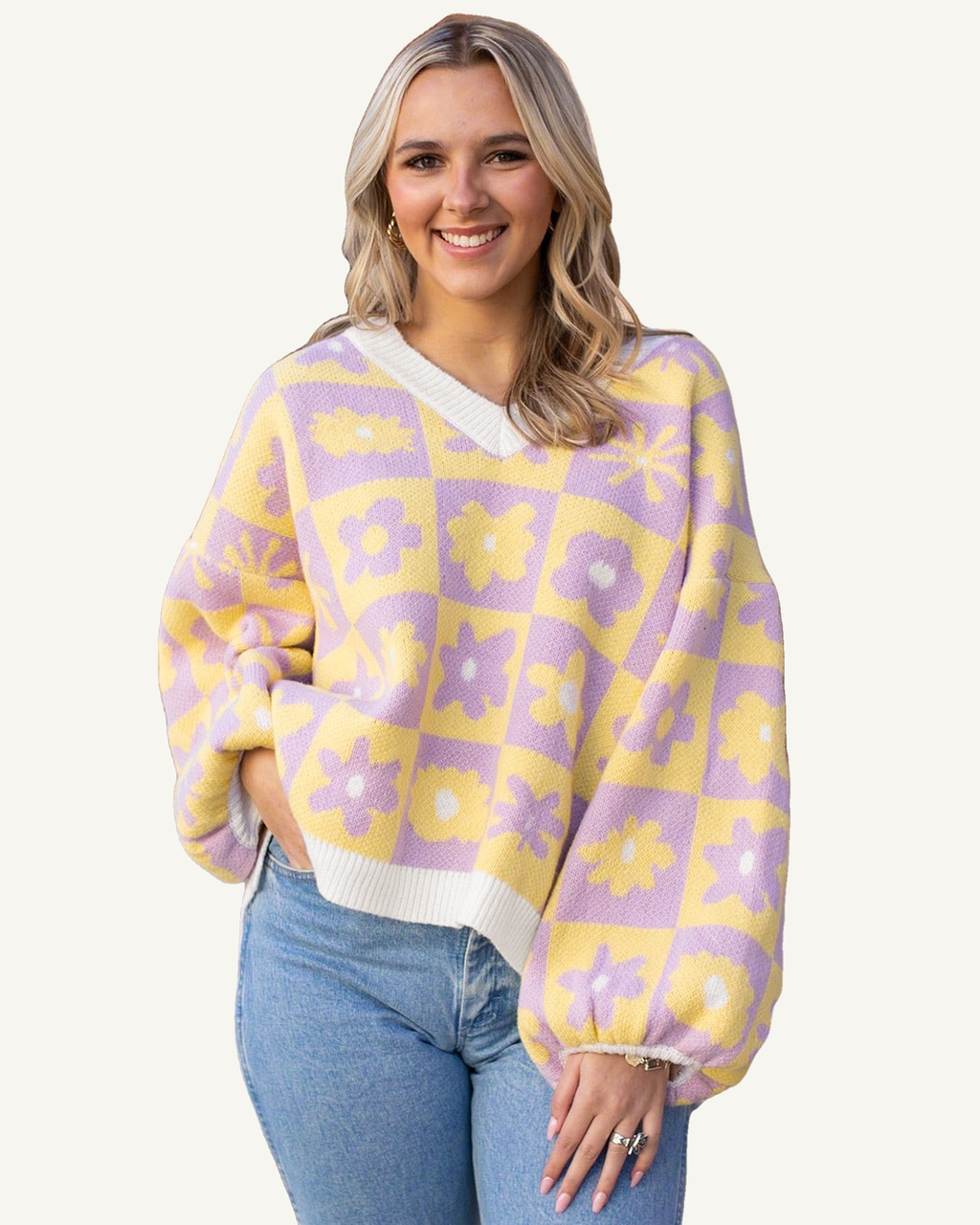 Multicolour V Neck Plaid Floral Long Sleeve Plus Size Sweater PREORDER ETA 3 WEEKS — ivory studio background
