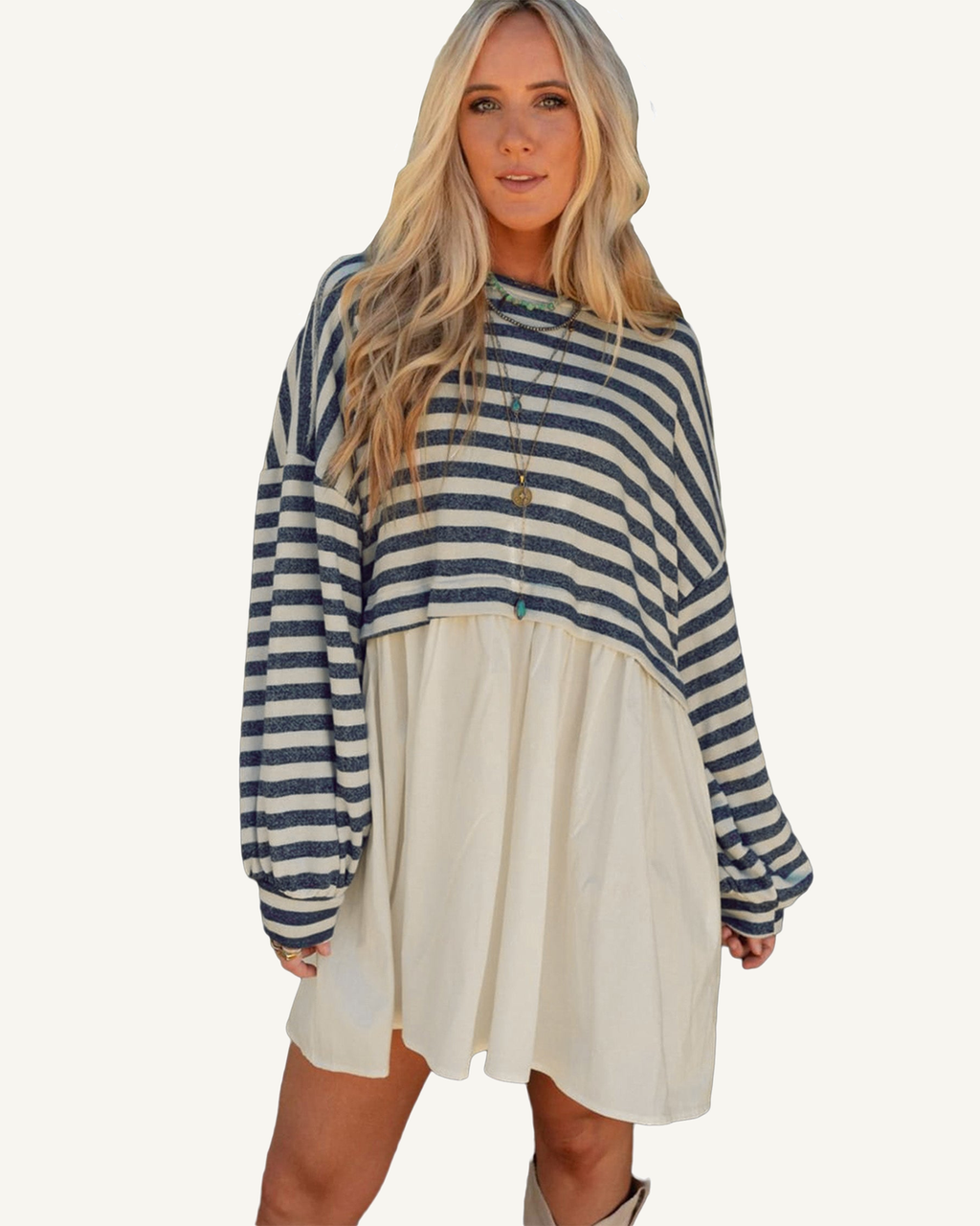 Blue Stripe Long Sleeve Pocketed Patchwork Hem Mini Dress PREORDER ETA 3 WEEKS — ivory studio background
