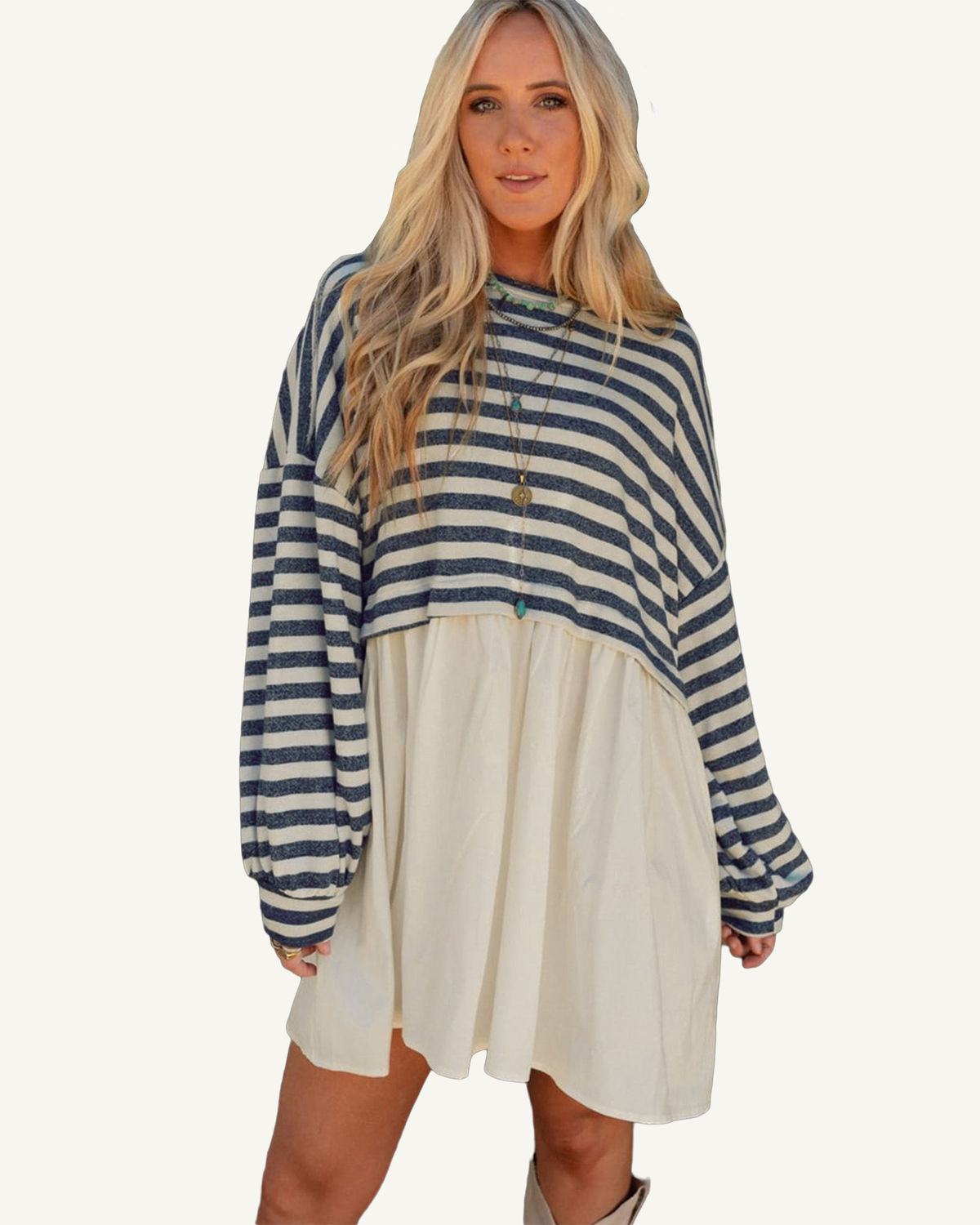 Blue Stripe Long Sleeve Pocketed Patchwork Hem Mini Dress PREORDER ETA 3 WEEKS — ivory studio background