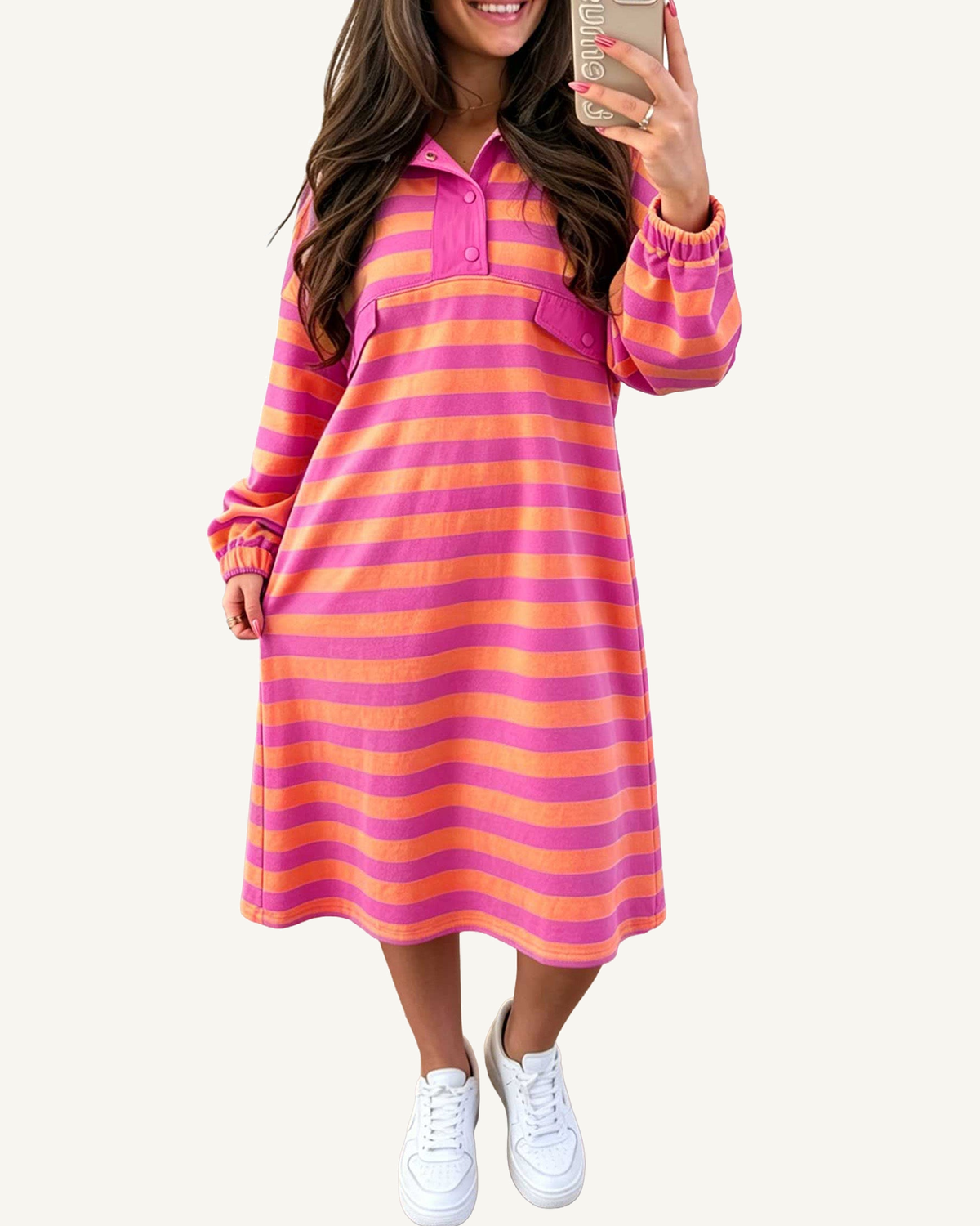 Rose Stripe Long Sleeve Polo Neck Midi Dress PREORDER ETA 3 WEEKS — ivory studio background
