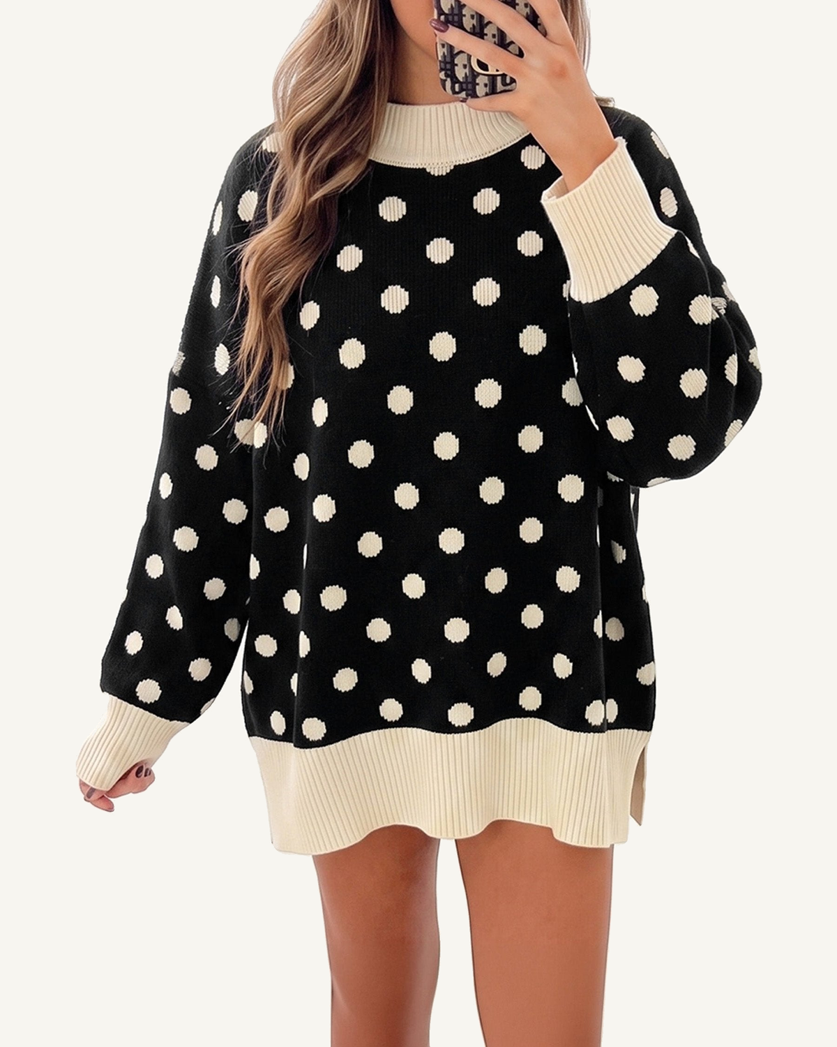 Black Polka Dot Pattern Ribbed Colorblock Trim Split Tunic Sweater PREORDER ETA 3 WEEKS — ivory studio background