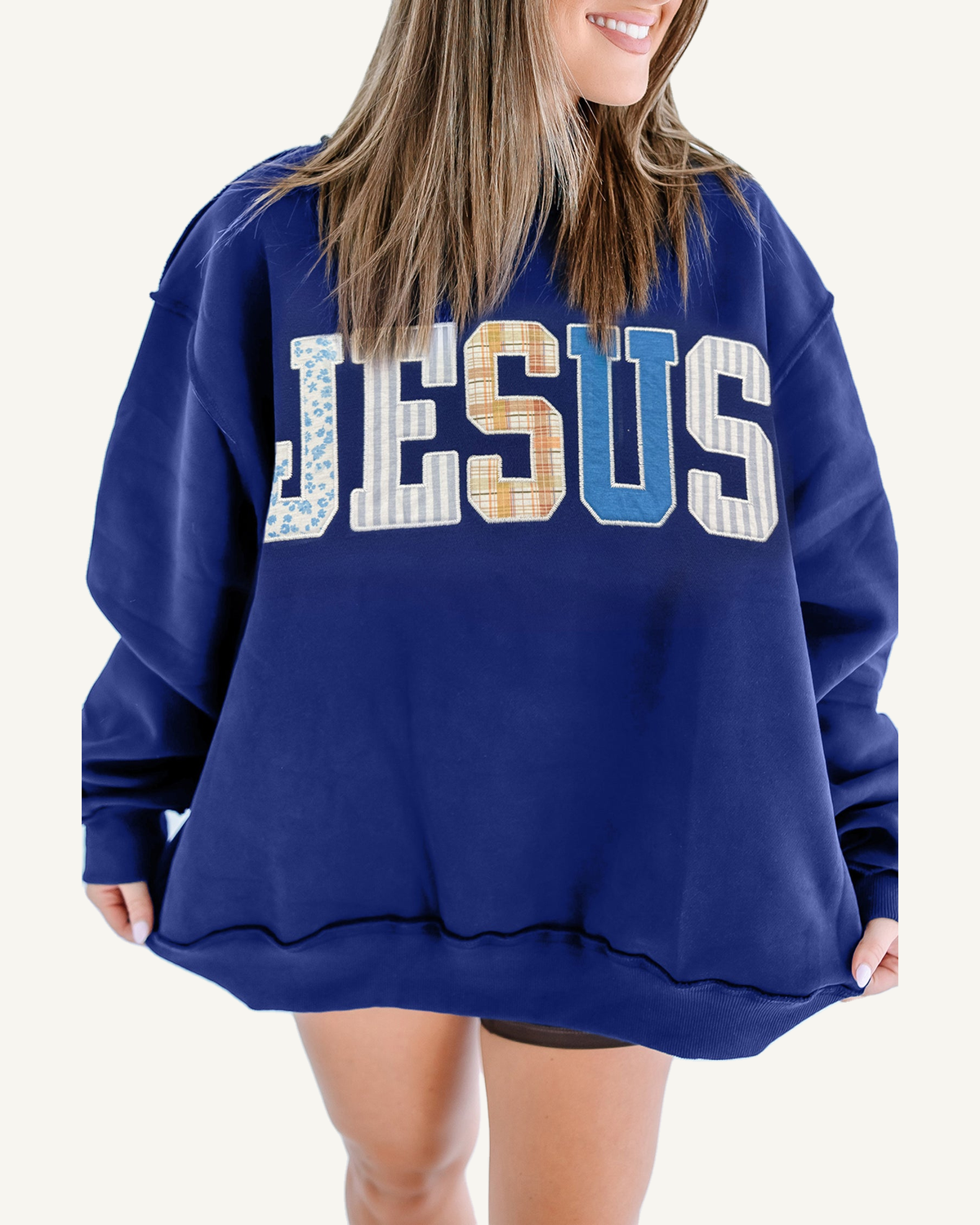 Navy Blue JESUS Mixed Pattern Embroidered Patch Graphic Mock Neck Sweatshirt PREORDER ETA 3 WEEKS — ivory studio background