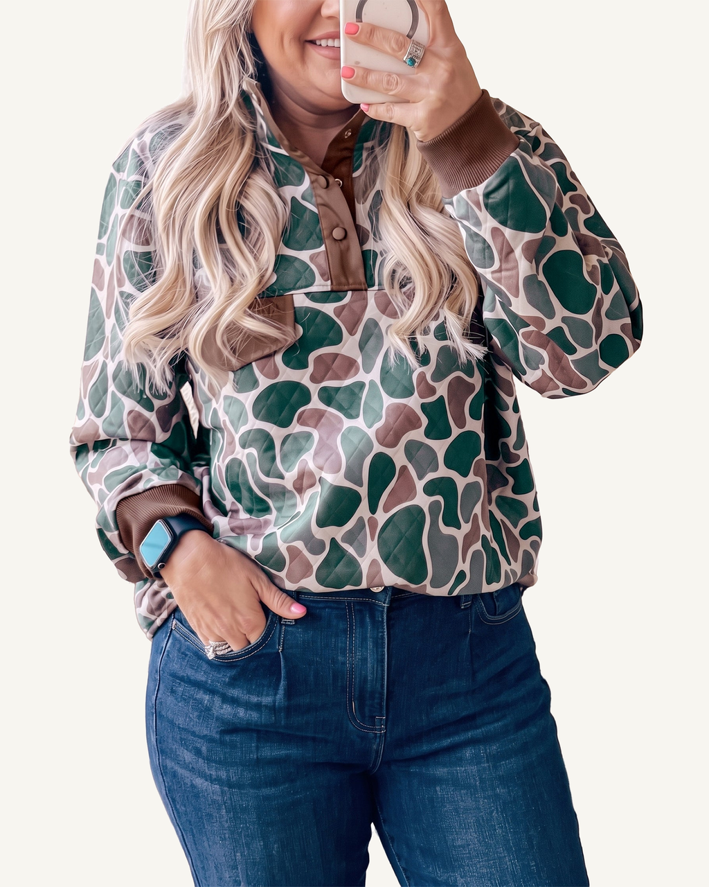 Multicolour Buttoned Stand Neck Plus Size Camo Sweatshirt PREORDER ETA 3 WEEKS — ivory studio background