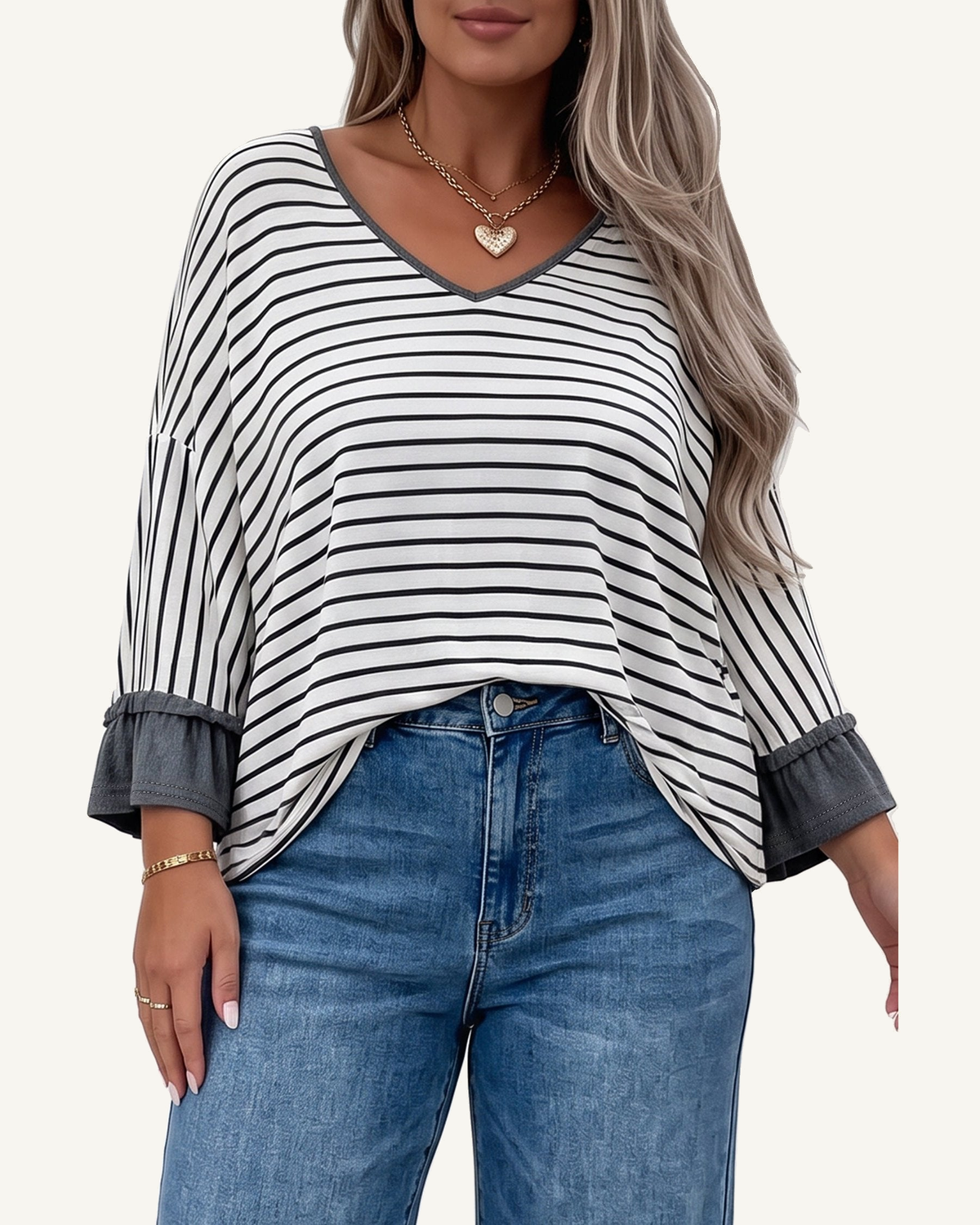 Gray Stripe Ruffled Bracelet Sleeve V Neck Plus Size Top PREORDER ETA 3 WEEKS — ivory studio background
