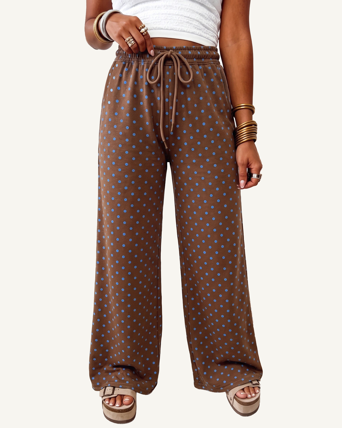 Brown Casual Polka Dot Wide Leg Drawstring Pants PREORDER ETA 3 WEEKS — ivory studio background
