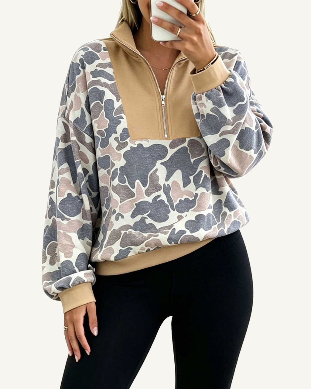 Multicolour Camouflage Print Color Block Trim Zipper Stand Neck Pullover Sweatshirt PREORDER ETA 3 WEEKS — ivory studio background