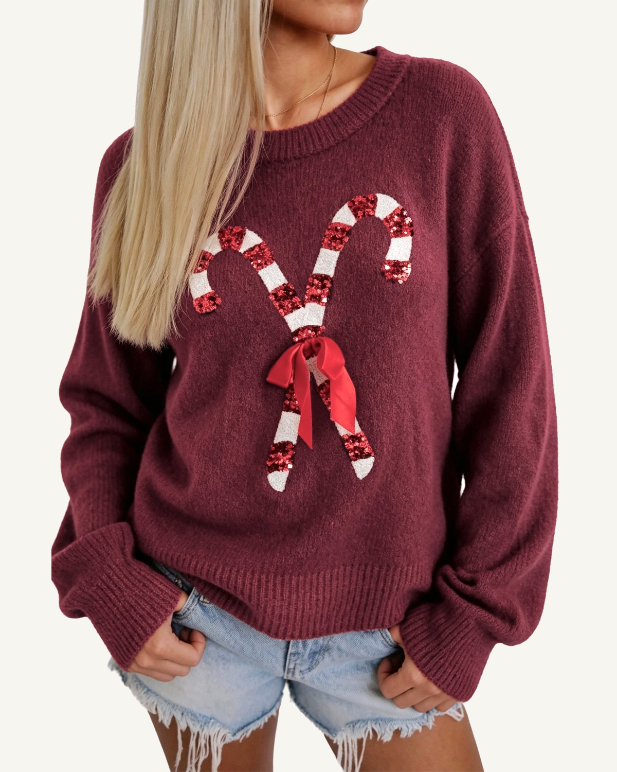 Red Dahlia Sequined Candy Cane Festive Casual Christmas Sweater PREORDER ETA 3 WEEKS — ivory studio background