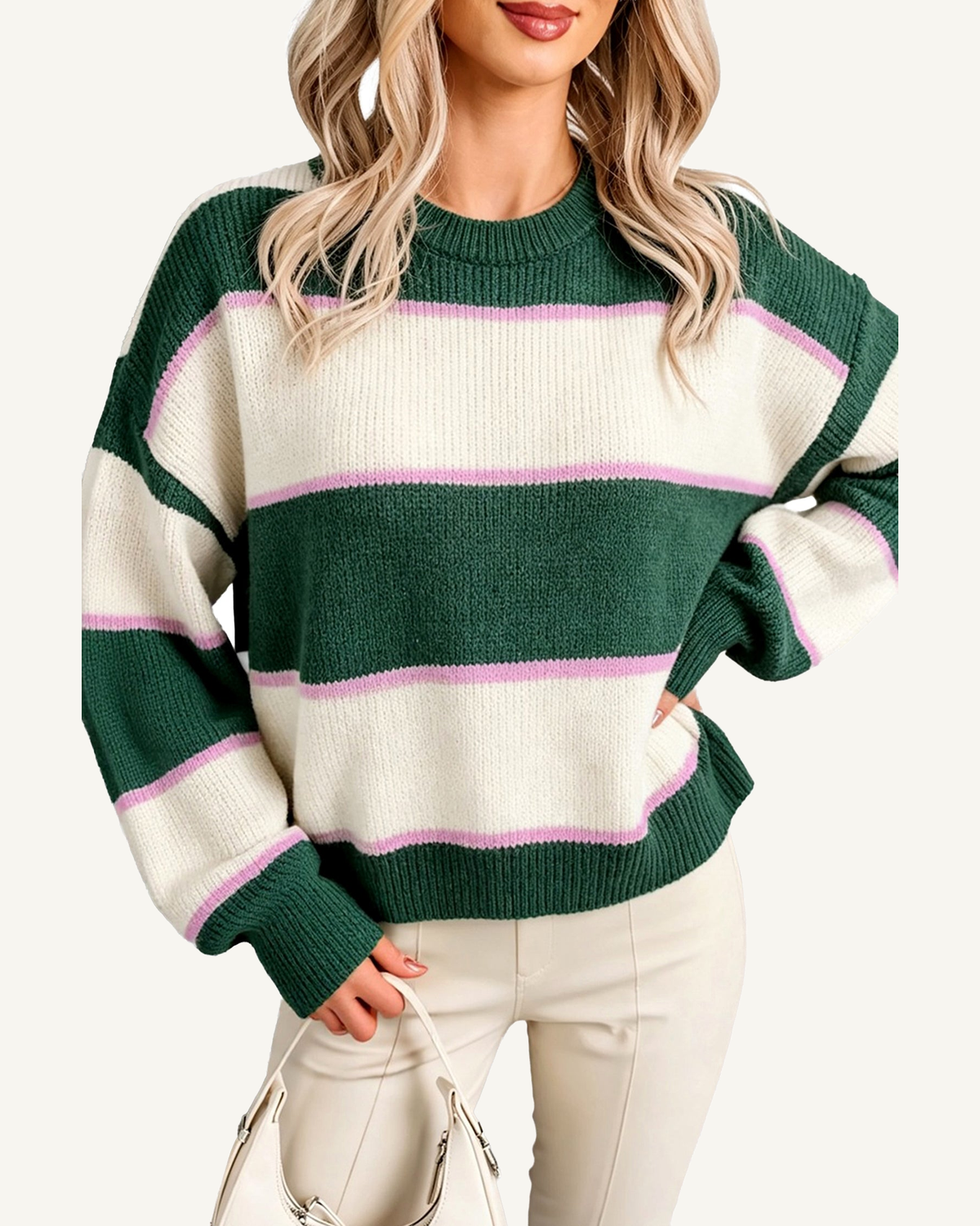 Blackish Green Striped Color Block Knit Dropped Shoulder Loose Pullover Sweater PREORDER ETA 3 WEEKS — ivory studio background