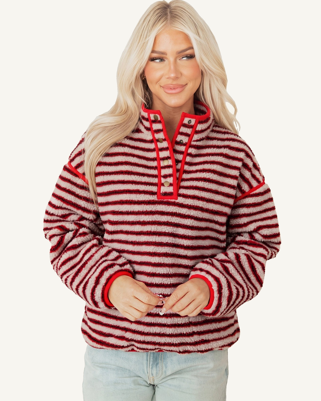 Red Striped Fuzzy Colorblock Button Placket Sweatshirt PREORDER ETA 3 WEEKS — ivory studio background