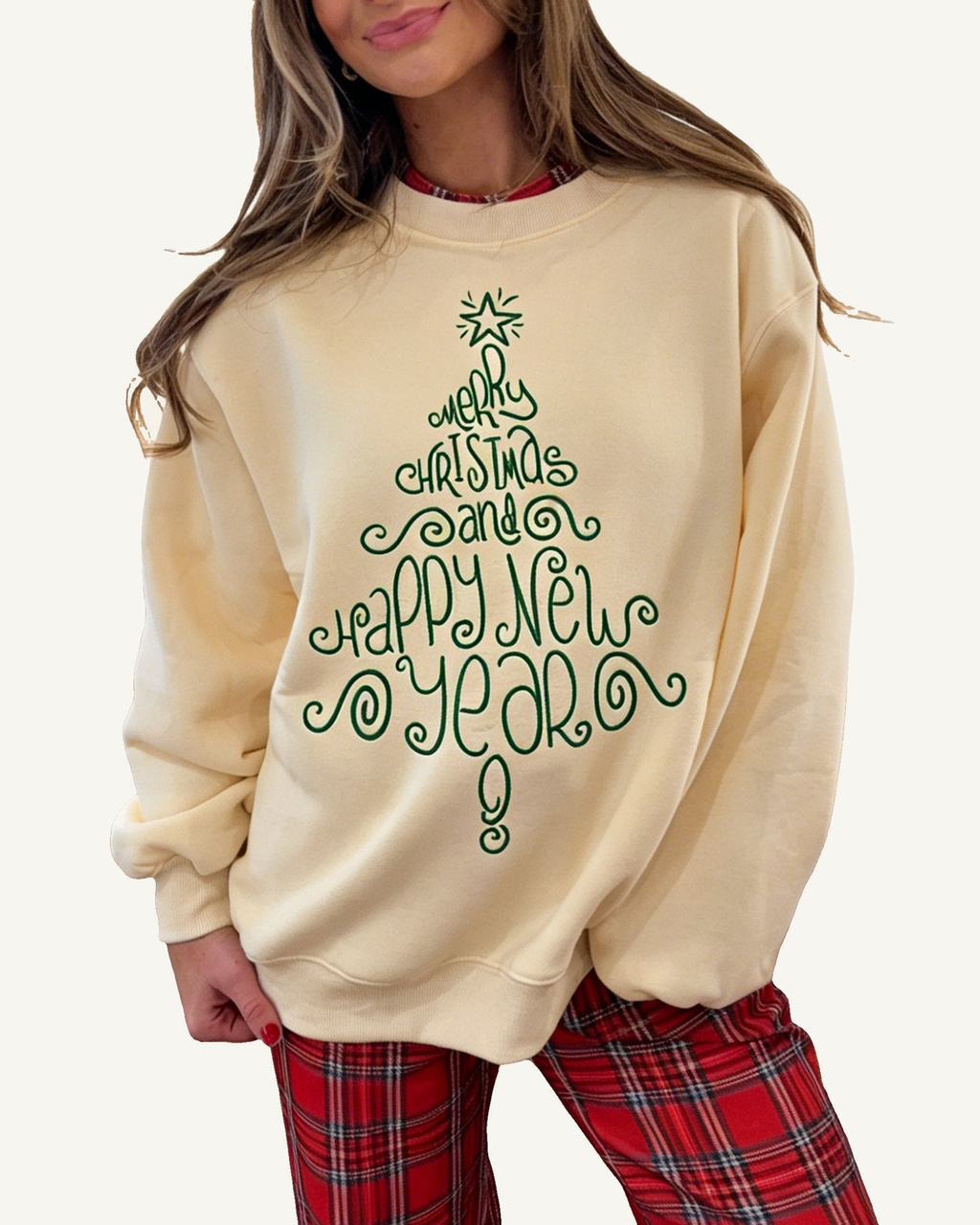 Apricot Merry Christmas and Happy New Year Embroidered Holiday Slogan Sweatshirt PREORDER ETA 3 WEEKS — ivory studio background