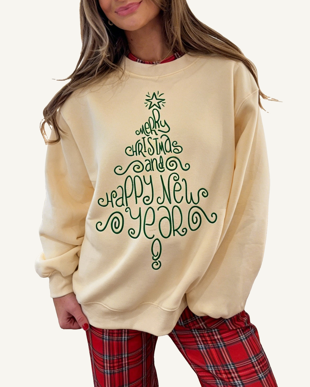 Apricot Merry Christmas and Happy New Year Embroidered Holiday Slogan Sweatshirt PREORDER ETA 3 WEEKS — ivory studio background