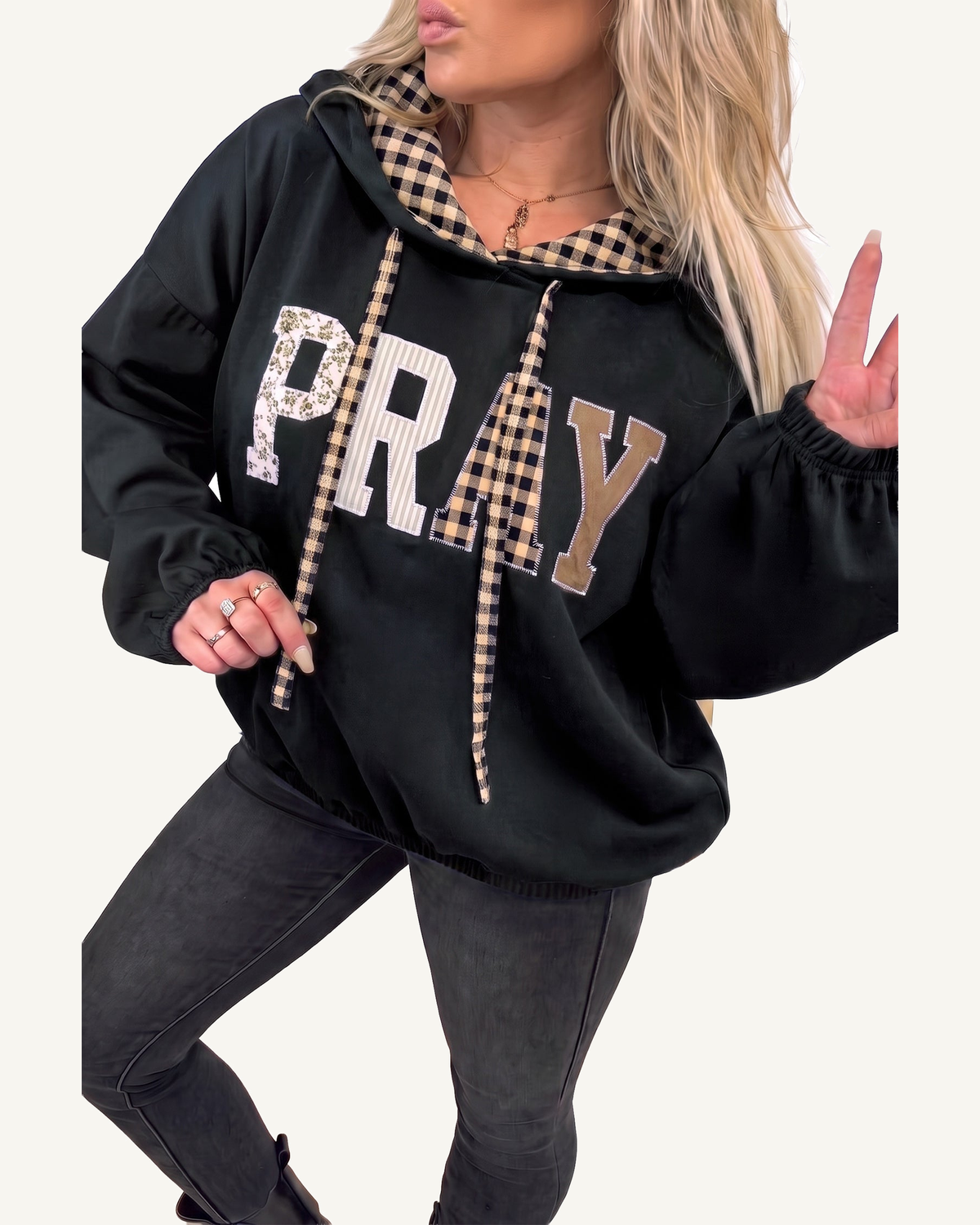 Black PRAY Mix Pattern Letter Graphic Plaid Contrast Drawstring Hoodie PREORDER ETA 3 WEEKS — ivory studio background
