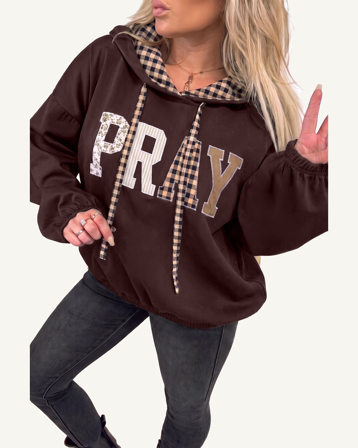 Chicory Coffee PRAY Mix Pattern Letter Graphic Plaid Contrast Drawstring Hoodie PREORDER ETA 3 WEEKS — ivory studio background