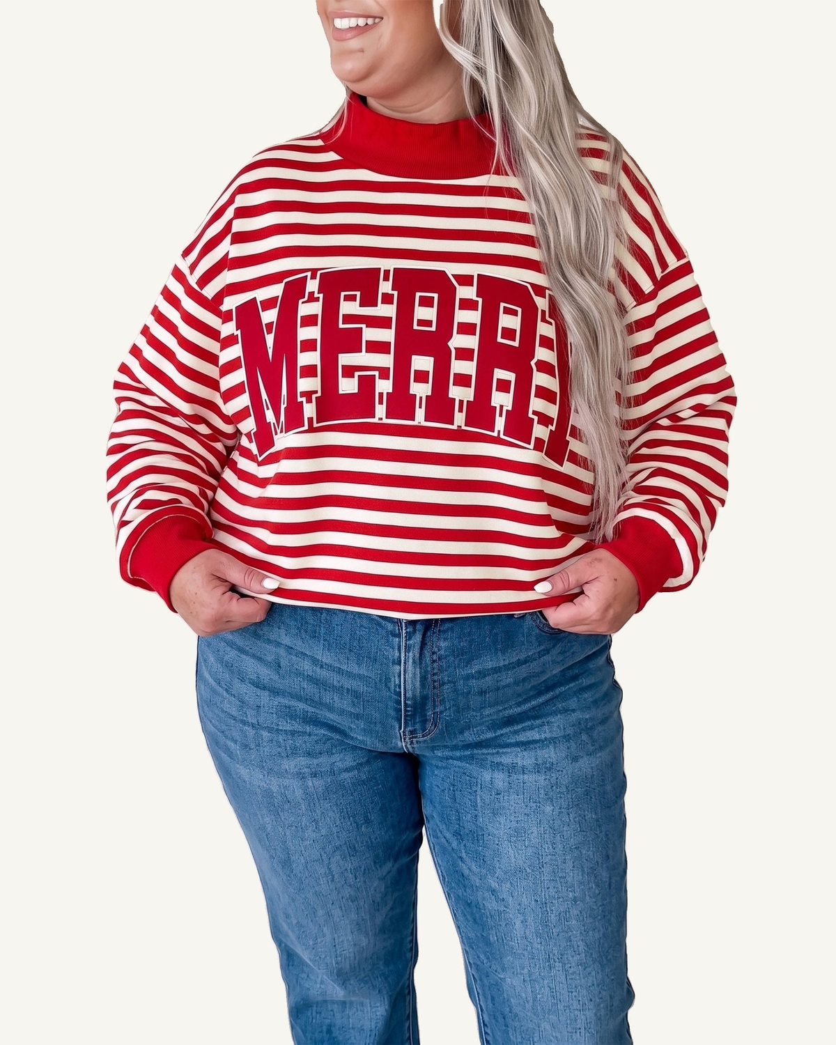 Red Stripe Plus Size MERRY Festive Letter Embroidery Patched Graphic Pullover Sweatshirt PREORDER ETA 3 WEEKS — ivory studio background