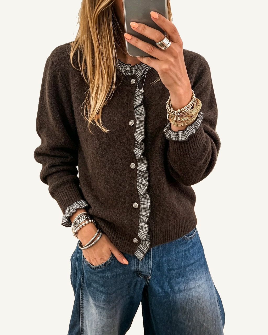 Chicory Coffee Plaid Ruffle Trim Patchwork Button Sweater Cardigan PREORDER ETA 3 WEEKS — ivory studio background
