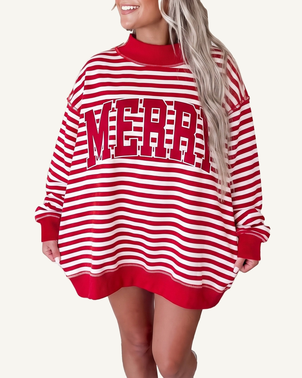 Red Stripe Christmas Slogan Embroidery Patched Mock Neck Oversized Sweatshirt PREORDER ETA 3 WEEKS — ivory studio background