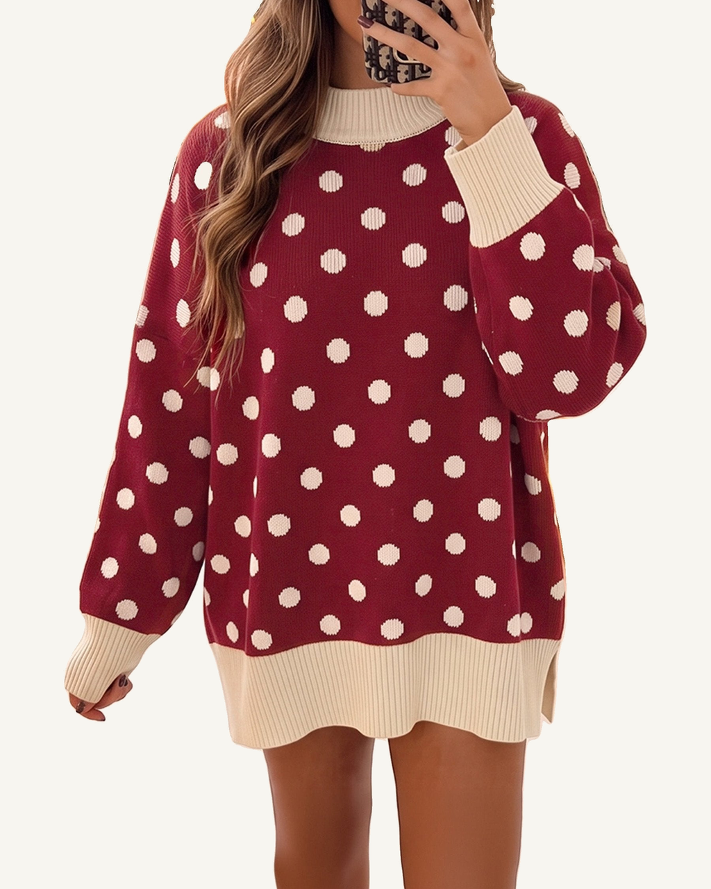 Red Polka Dot Pattern Ribbed Colorblock Trim Split Tunic Sweater PREORDER ETA 3 WEEKS — ivory studio background