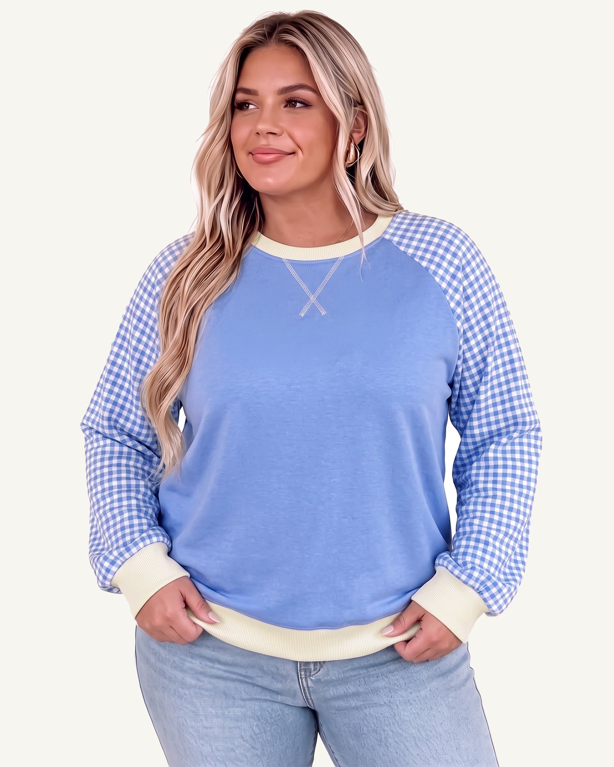 Light Blue Plaid Sleeve Ribbed Colorblock Trim Plus Size Sweatshirt PREORDER ETA 3 WEEKS — ivory studio background