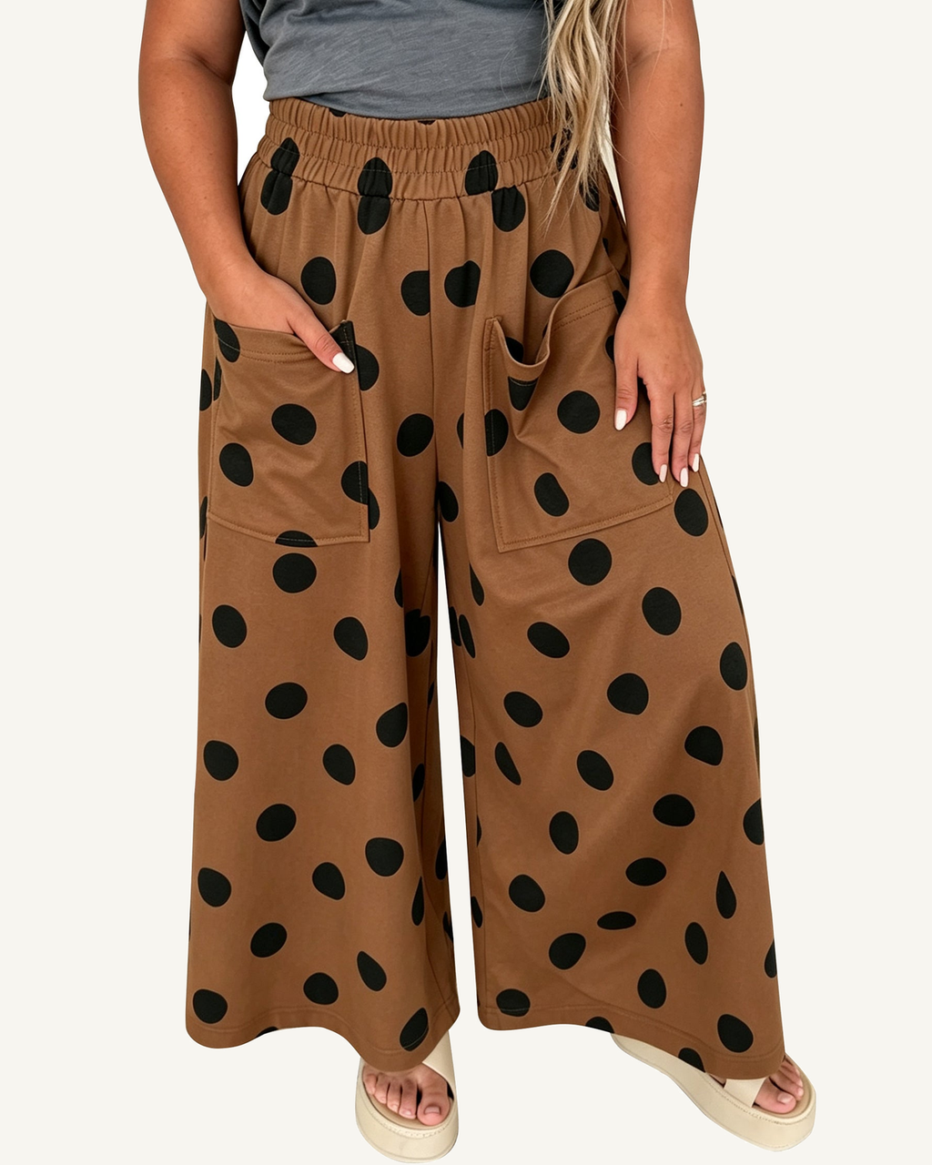 Brown Polka Dot Elastic Waist Wide Leg Plus Size Pants PREORDER ETA 3 WEEKS — ivory studio background