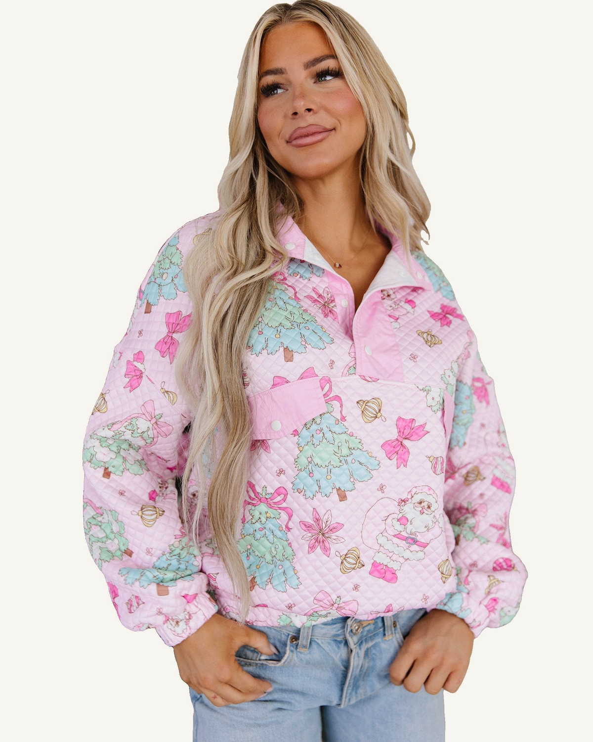 Pink Cute Christmas Print Collar Half Button Loose Sweatshirt PREORDER ETA 3 WEEKS — ivory studio background