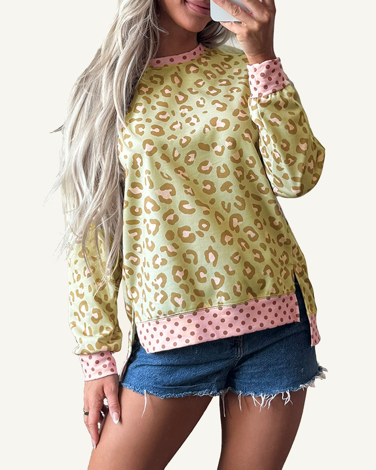 Khaki Leopard Polka Dot Colorblock Trim Long Sleeve Top PREORDER ETA 3 WEEKS — ivory studio background