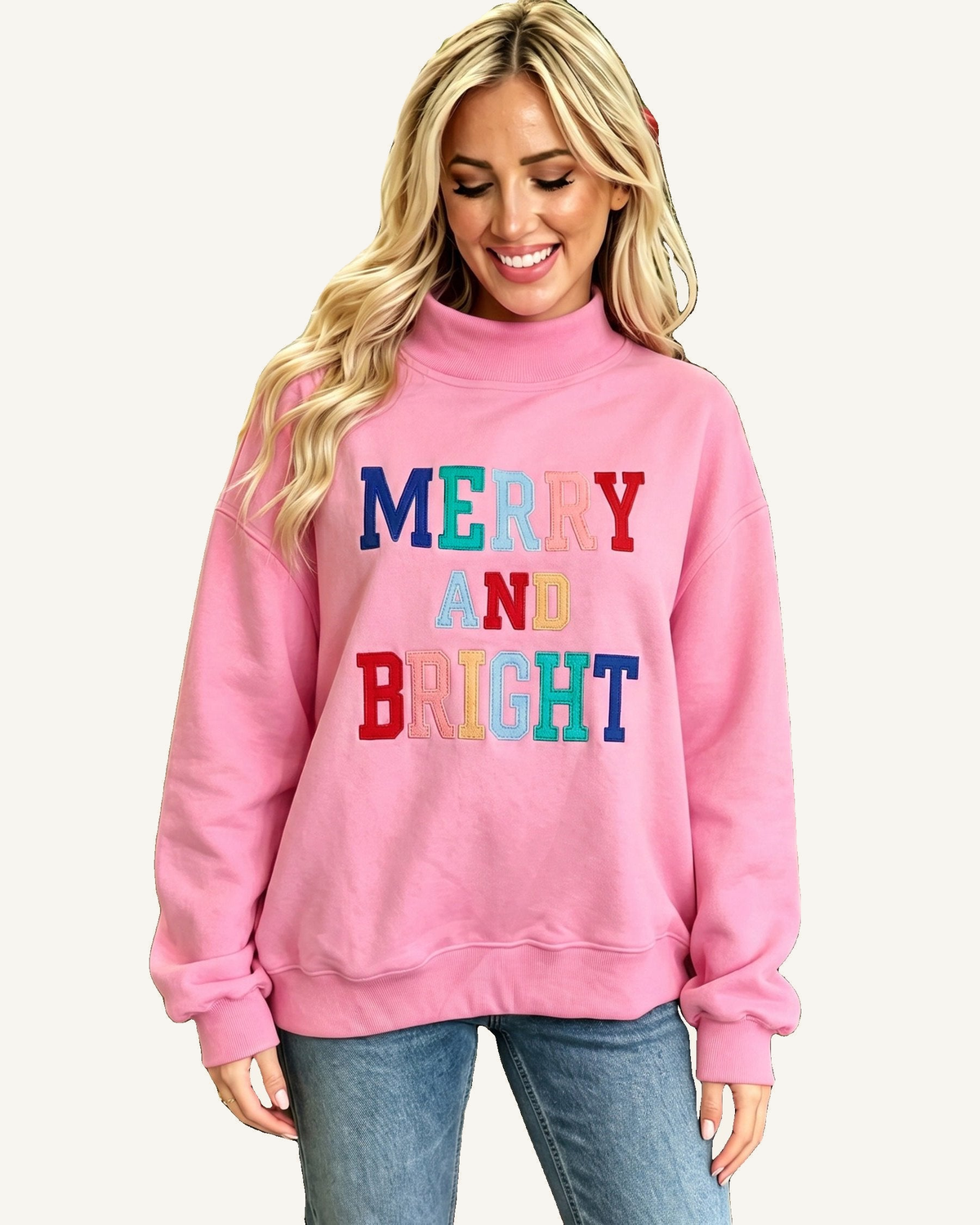Peach Blossom MERRY AND BRIGHT Stitched Letter Pattern Mock Neck Sweatshirt PREORDER ETA 3 WEEKS — ivory studio background