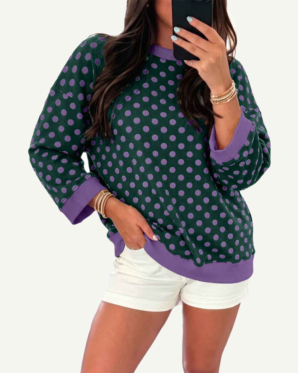 Green Polka Dot Print Contrast Trim Round Neck Bracelet Sleeve Top PREORDER ETA 3 WEEKS — ivory studio background