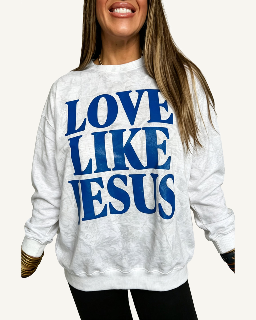 Gray LOVE LIKE JESUS Letter Print Round Neck Light Camo Pullover Sweatshirt PREORDER ETA 3 WEEKS — ivory studio background