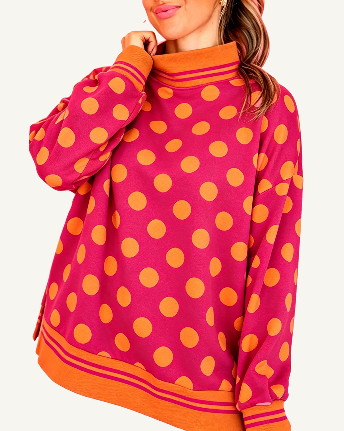 Rose Polka Dot Striped Trim Mock Neck Sweatshirt PREORDER ETA 3 WEEKS — ivory studio background