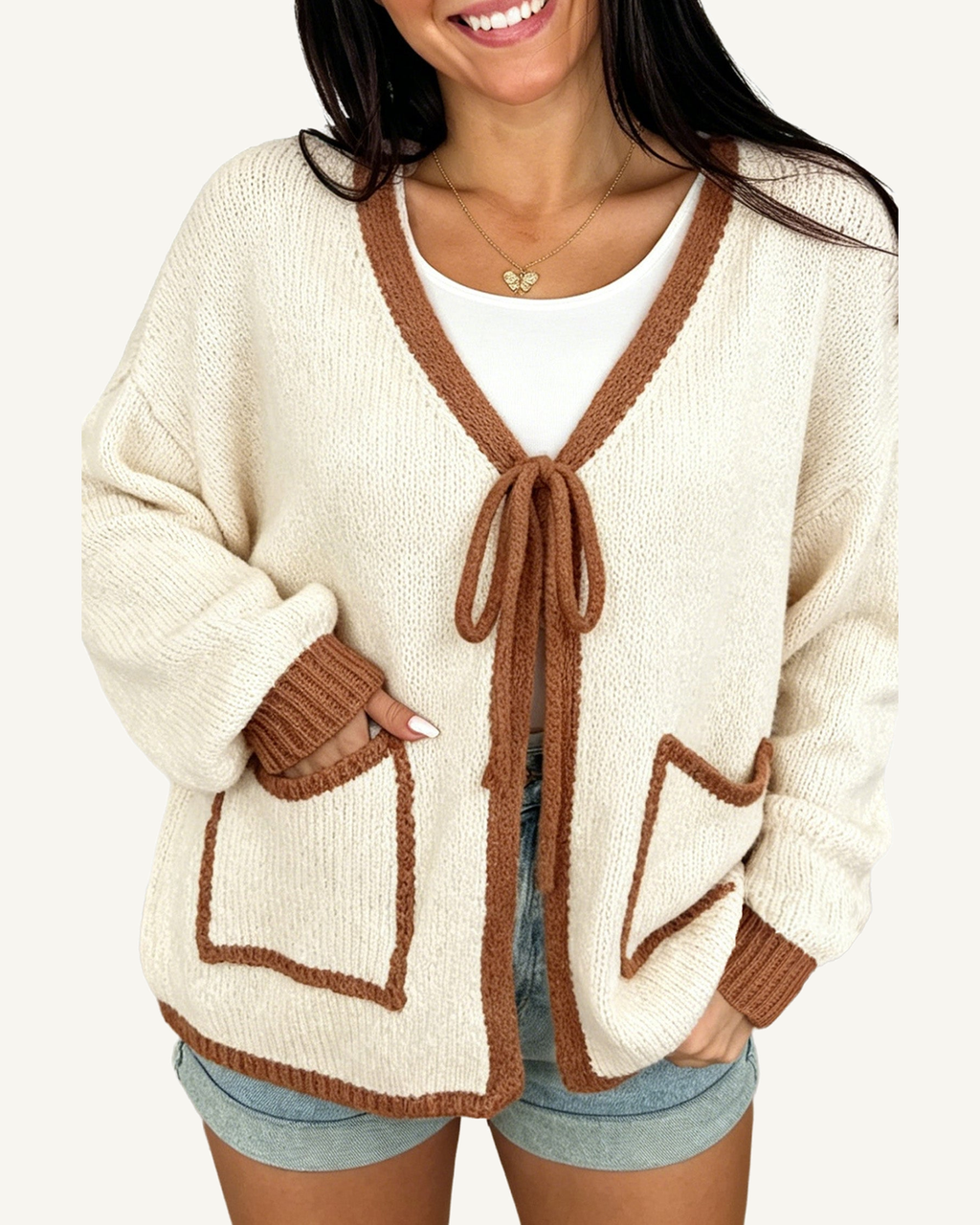 Apricot Contrast Trim V-Neck Tie Front Loose Sweater Cardigan PREORDER ETA 3 WEEKS — ivory studio background