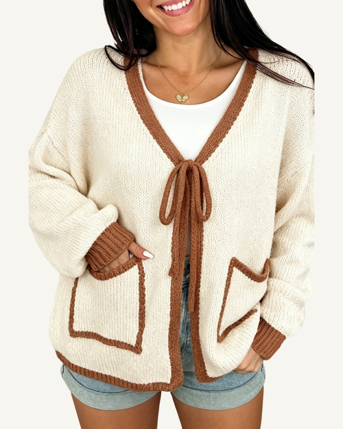 Apricot Contrast Trim V-Neck Tie Front Loose Sweater Cardigan PREORDER ETA 3 WEEKS — ivory studio background