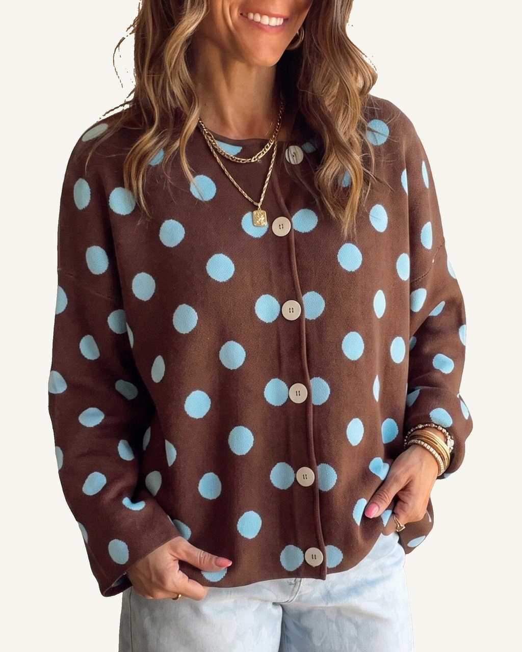 Brown Polka Dot Button Down Dropped Shoulder Shift Cardigan PREORDER ETA 3 WEEKS — ivory studio background