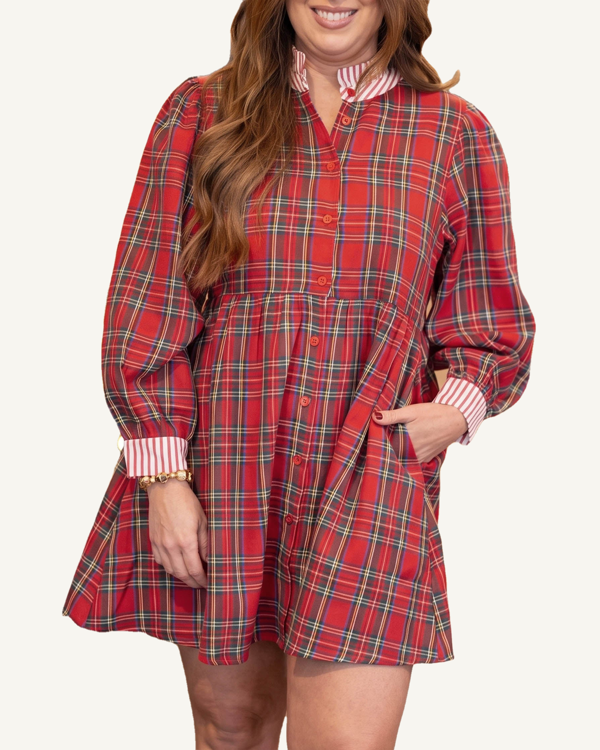 Red Plaid Striped V Neck Collar Cuff Details Shift Plus Size Dress PREORDER ETA 3 WEEKS — ivory studio background